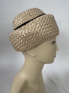 Vintage 1950's Beige Straw Womens Hat With Black Accent Woven Design Mid-Century